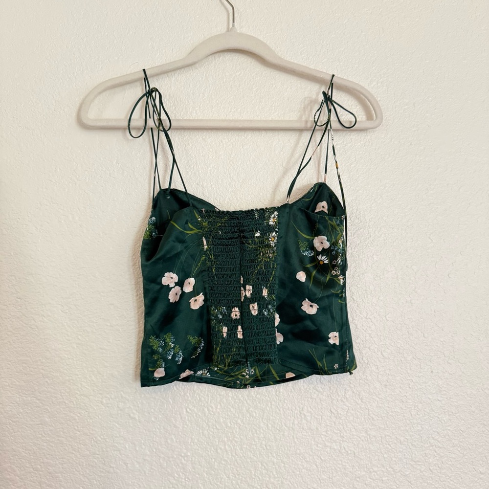 Reformation Silk Floral Camisole Top Emerald Green Daisy Print Smocked Back - Picture 9 of 12
